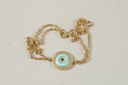AN 18CT GOLD, DIAMOND, TURQUOISE, MOTHER-OF-PEARL AND SAPPHIRE BRACELET, with target shaped mount.