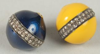 A PAIR OF YELLOW AND BLUE ENAMEL BEADS SET WITH DIAMONDS, 0.5ct in total.