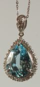 A PLATINUM PENDANT SET WITH A LARGE PEAR SHAPED AQUAMARINE SURROUNDED BY RBC DIAMONDS with a diamond