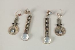 TWO PAIRS OF SILVER ART NOUVEAU DROP EARRINGS.