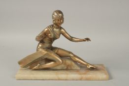 A GOOD ART DECO SEATED BRONZE NUDE on a marble base. 33cms high overall.