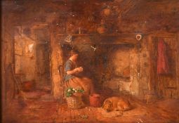 ALFRED PROVIS (1818 - 1890) BRITISH. INTERIOR, A YOUNG GIRL sitting before a fire, a dog at her
