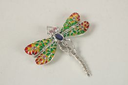 A SILVER AND PLIQUE ENAMEL SAPPHIRE SET DRAGONFLY BROOCH.
