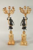 A VERY GOOD PAIR OF SMALL THOMAS HOPE DESIGN BRONZE AND ORMOLU FOUR BRANCH CANDELABRA with a