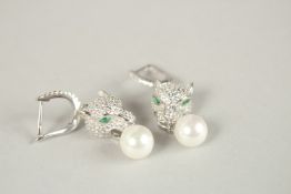 A PAIR OF SILVER PANTHER AND PEARL DROP EARRINGS.