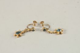 A PAIR OF 9CT YELLOW GOLD, PEARL AND BLUE TOPAZ PEAR SHAPED EARRINGS, with original box.