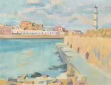John Charles Wilkinson, 20th Century, 'Venetian Harbour Wall', oil on board, signed with initials,