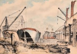 P. R. Heffron (20th Century), a dockyard/salvage scene, pencil, ink and wash, signed, 12.5