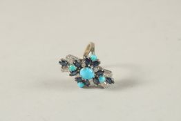 AN 18CT WHITE GOLD, DIAMOND, SAPPHIRE AND TURQUOISE RING. Ring size (K 0.5).