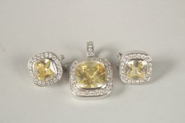 A SILVER AND TOURMALINE PENDANT AND EARRINGS.