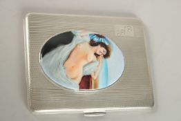 A SILVER ENGINE TURNED CIGARETTE CASE, Birmingham 1920, with glamour model oval plaque. 170grms.