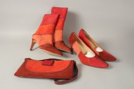 A PAIR OF SALVATORE FERRAGAMO PAPRIKA SUEDE CALF BOOTS, SHOES AND BAG. Size 8.5.