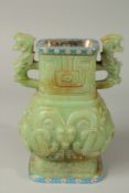 A SUPERB RUSSIAN CARVED JADE AND CLOISONNE ENAMEL TWO-HANDLED VASE in the Chinese manner, carved