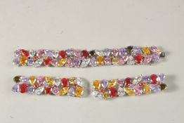 A SILVER BRACELET AND DROP EARRING SET, both set with colourful stones.