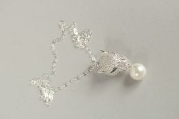 A SILVER PANTHER DROP PEARL PENDANT AND CHAIN.