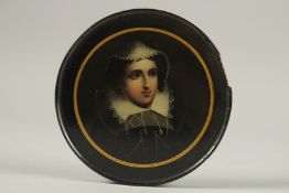 A PAPIER MACHE CIRCULAR BOX painted portrait 