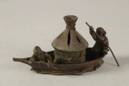 A BRONZE OKIMONO OF FISHERMEN ON A BOAT, 14cm long.