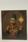 A FINE 19TH CENTURY QAJAR OVAL PORTRAIT OIL PAINTING ON BOARD, depicting Murad Mirza, signed