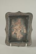 A 19TH CENTURY BIDRI SILVER INLAID TRAY DEPCITNG A DANCING FEMALE, 18cm x 14cm.