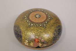 A FINE 19TH CENTURY ANGLO INDIAN KASHMIRI LACQUERED PAPIER MACHE LIDDED BOX, 16cm wide.