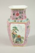 A MID-20TH CENTURY CHINESE FAMILLE ROSE PORCELAIN HEXAGONAL VASE, painted with panels of landscape