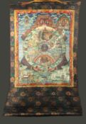 A VERY FINE AND LARGE TIBETAN 'WHEEL OF LIFE' THANGKA, beautifully painted with various deities,