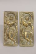 A PAIR OF OF INDIAN BRASS HANDLES with figural designs, 17.5cm x 7cm.
