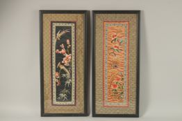 TWO CHINESE EMBROIDERED SILK PANELS, depicting birds and flora, framed and glazed, 64cm x 28.5cm