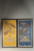 A FINE PAIR OF INDIAN EMBROIDERED AND PADDED SILK PANELS, depicting peacocks and palace, framed