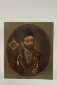 A FINE 19TH CENTURY QAJAR OVAL PORTRAIT OIL PAINTING ON BOARD, depicting Ali Asgar Khan: son of