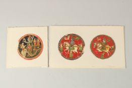 THREE INDIAN PAINTED CIRCULAR PLAYING CARDS.