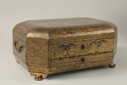 A FINE CHINESE EXPORT GILT AND BLACK LACQUER SEWING BOX, with very finely painted panel of figures