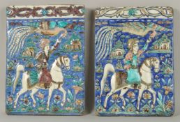 A NEAR PAIR OF LARGE 19TH CENTURY PERSIAN QAJAR MOULDED TILES, with raised scenes of figures on