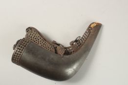 A PERSIAN SAFAVID DAMASCUS STEEL POWDER FLASK, with openworked metal mounts, 15.5cm at widest