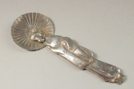A VERY FINE SIGNED JAPANESE MEIJI PERIOD SILVER CEREMONIAL SPOON, in the shape of a lady holding a