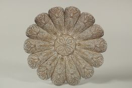 A FINE 19TH CENTURY INDIAN FILIGREE SILVER DISH, weight 139g, 19.5cm diameter.