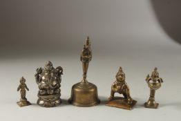 AN UNSUAL 19TH CENTURY OR EARLIER TINNED BRASS FIGURE OF GANESH, along with a Hanuman brass bell,
