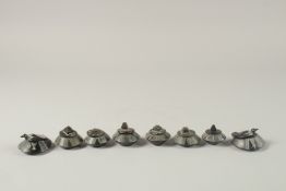 A COLLECTION OF EASTERN CARVED STONE MINIATURE ORNAMENTS, six lidded pots and two bird carvings on