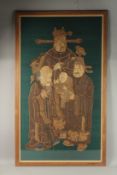 A FINE AND LARGE 18TH CENTURY CHINESE EMBROIDERED SILK PANEL OF IMMORTALS, mounted to a later teal