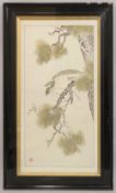 A VERY FINE AND LARGE ORIENTAL SILK WORK PICTURE, with embroidered silk wool bird on a branch,