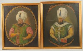 TWO QAJAR OIL ON CANVASS PORTRAITS OF SULTAN MUSTAPHA KHAN AND SULTAN SELIM KHAN II, framed -