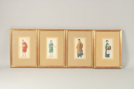 FOUR CHINESE FRAMED AND GLAZED PITH PAINTINGS, each depicting a figure in traditional attire,