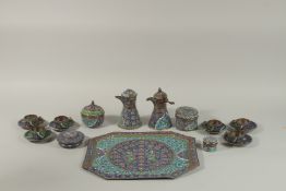 AN EXTENSIVE 19TH CENTURY SYRIAN DAMASCUS ENAMELLED COPPER COFFEE SET, tray 37cm x 31cm, (x19