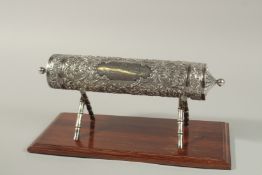A VERY FINE CIRCA 1930 SOUTH INDIAN MADRAS SILVER SCROLL HOLDER ON ORIGINAL STAND, and containing