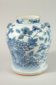 A LARGE CHINESE BLUE AND WHITE PORCELAIN JAR, painted with exotic birds amongst flora, 25cm high.