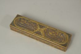 A FINE 19TH CENTURY SYRIAN CAIROWARE SILVER AND COPPER INLAID BRASS PEN BOX, 23.5cm long.