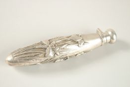 A FINE CHINESE SILVER SCENT BOTTLE, relief decorated with flora, 15cm long.