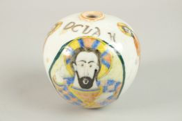 AN OTTOMAN TURKISH KUTAHYA ARMENIAN GLAZED POTTERY BALL ORNAMENT, 12cm.