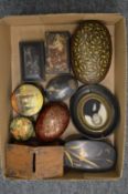 A collection of lacquer snuff and other boxes together with a portrait miniature of a gentleman.