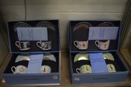 Four boxed pairs of Wedgwood coffee cups and saucers celebrating the 18th, 19th, 20th & 21st